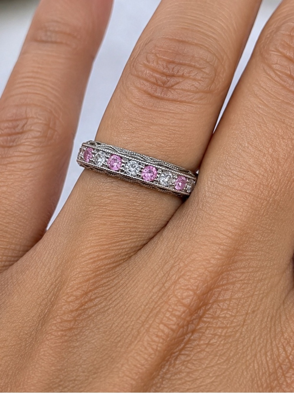 925 Sterling Silver Pink White Sapphire Eternity Band Ring Size 5.5
